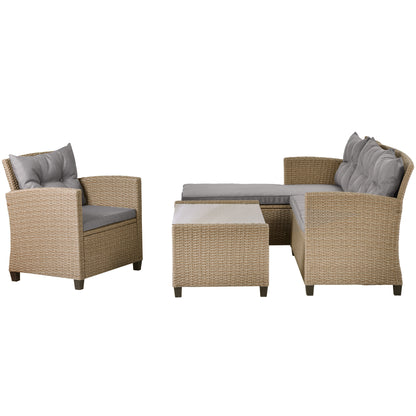 4 Piece Wicker Ratten Sectional Sofa Set with Seat Cushions, Beige Brown