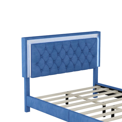 Upholstered Bed Frame with LED Lights, Blue