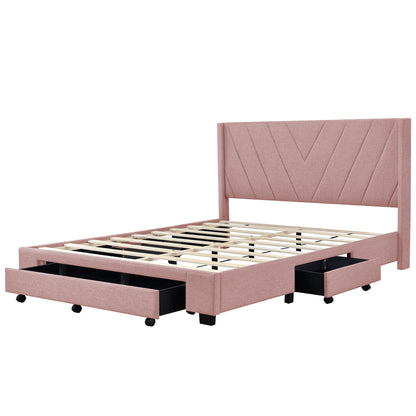 Amber Storage Bed Linen Upholstered Platform Bed with 3 Drawers (Pink)