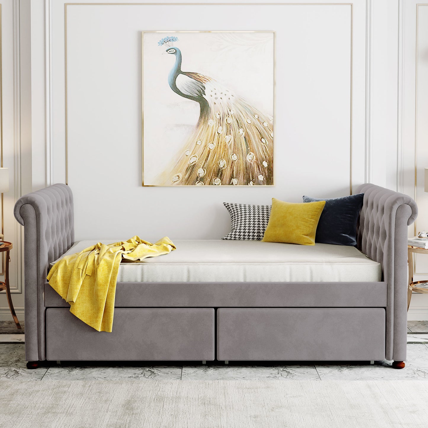 sara upholstered bed with drawers, gray
