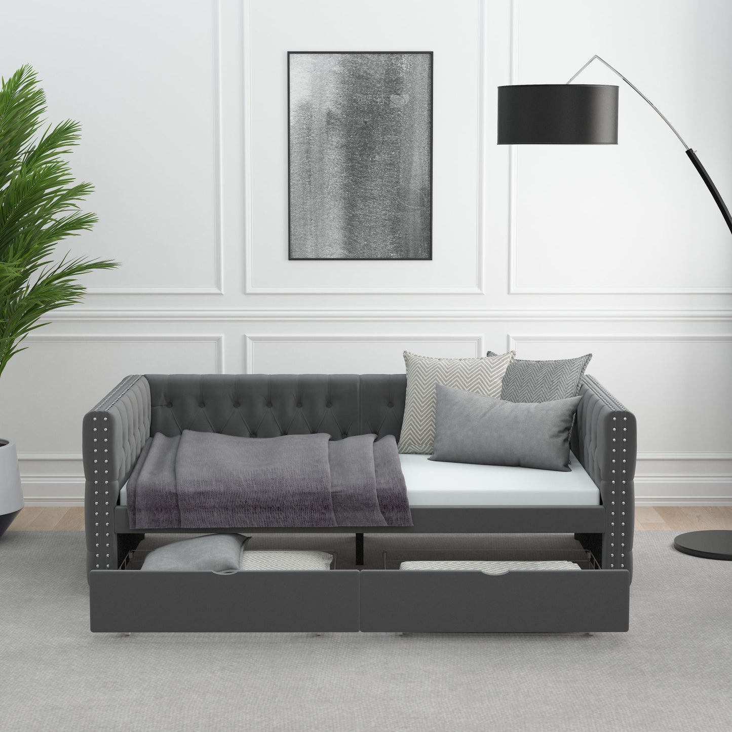 velvet upholstered tufted bed with drawers, grey