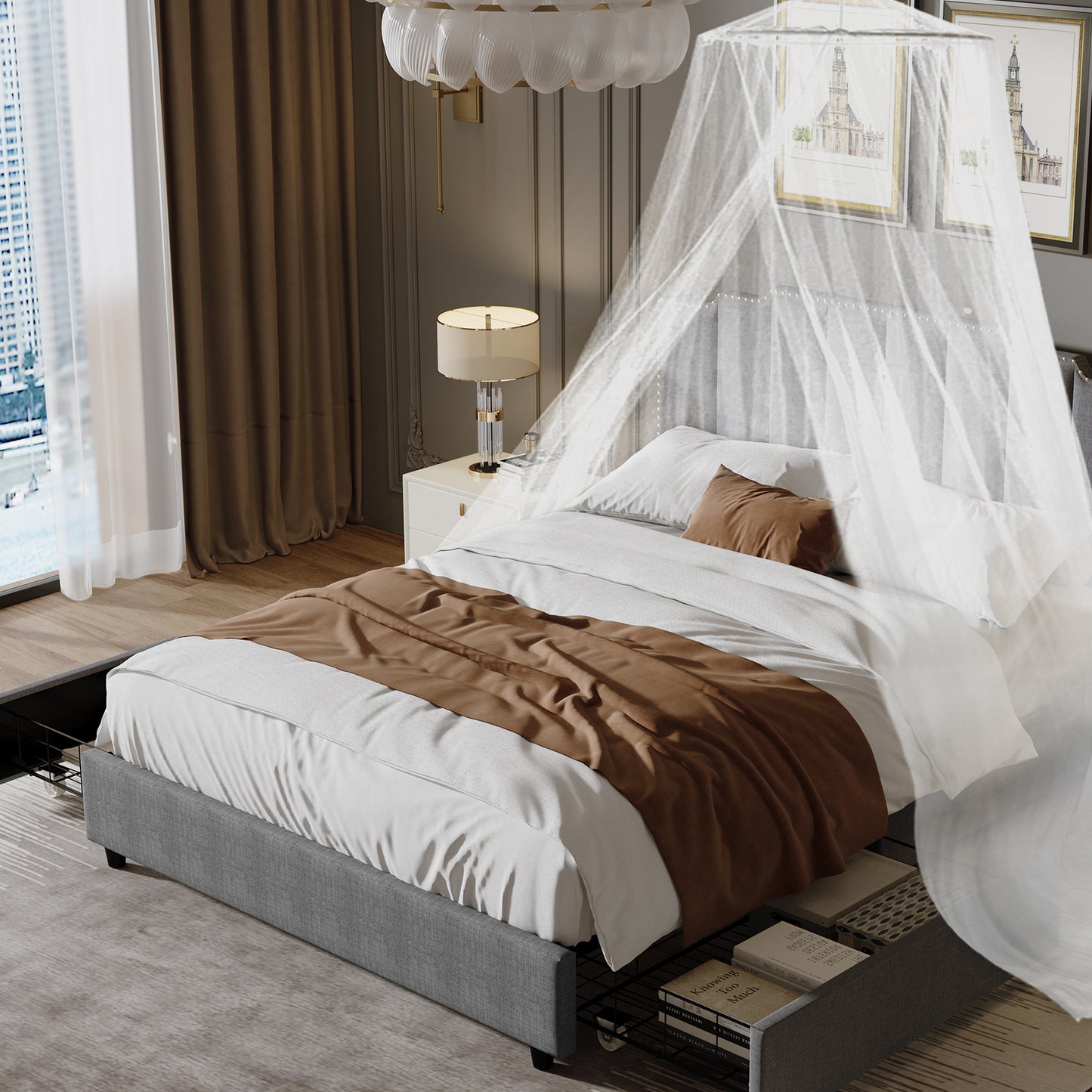 judy upholstered platform bed frame with 2 drawers