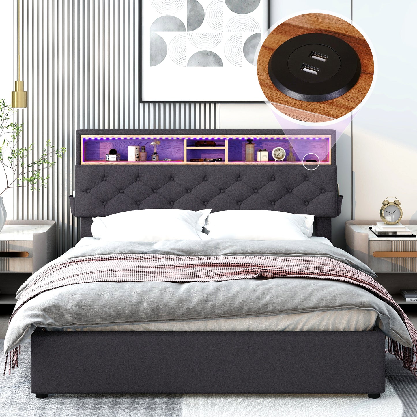 queen size upholstered platform bed with storage headboard, led, usb charging and 2 drawers, dark gray