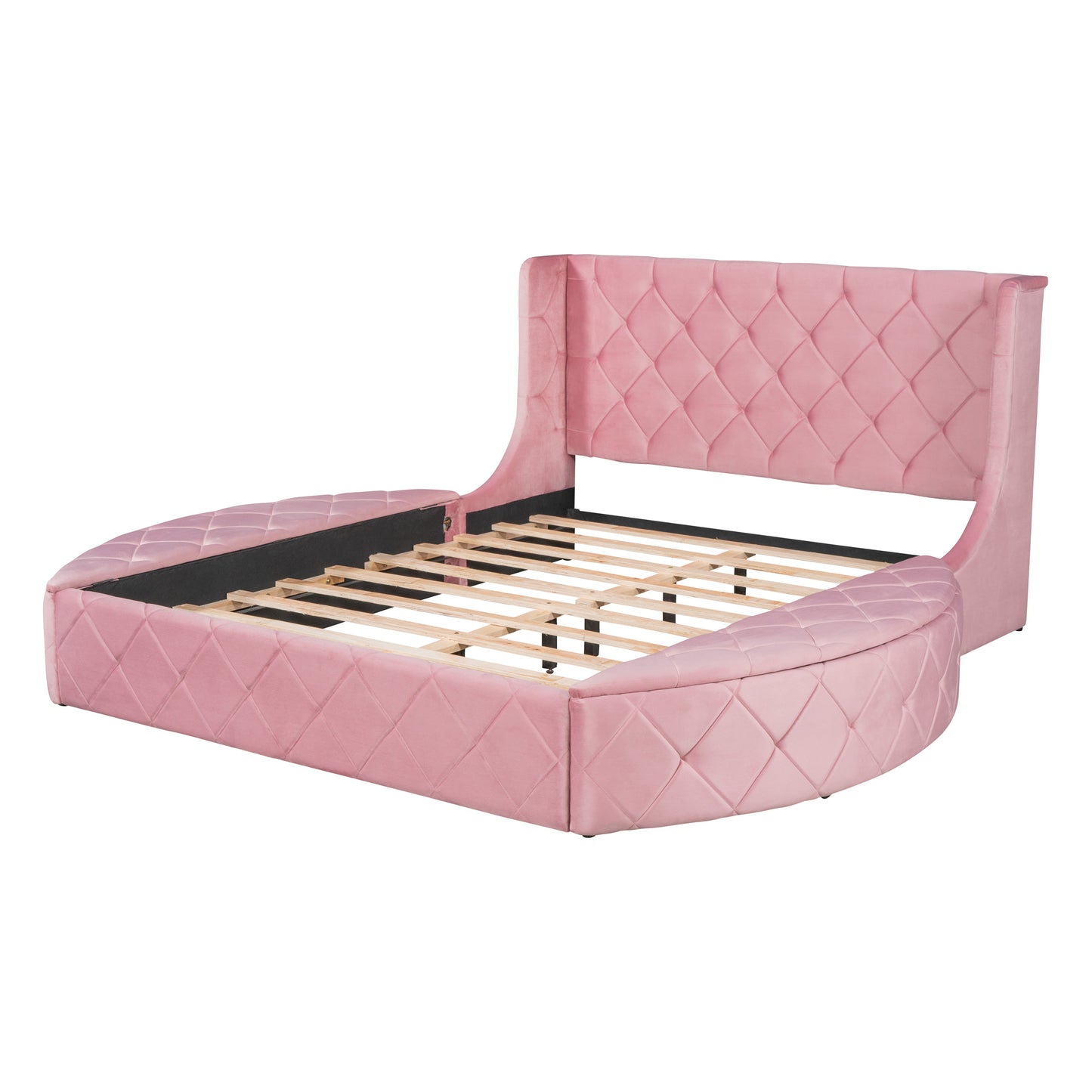 upholstered velvet platform bed with wingback headboard and 1 big drawer; 2 side storage stool
