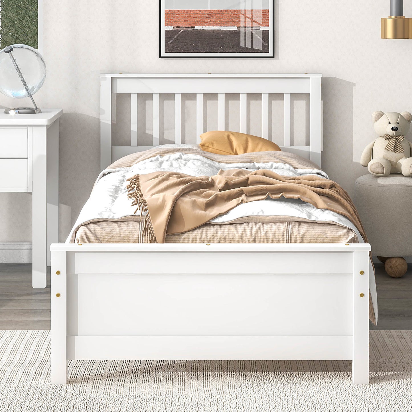 twin bed with headboard & nightstand, white