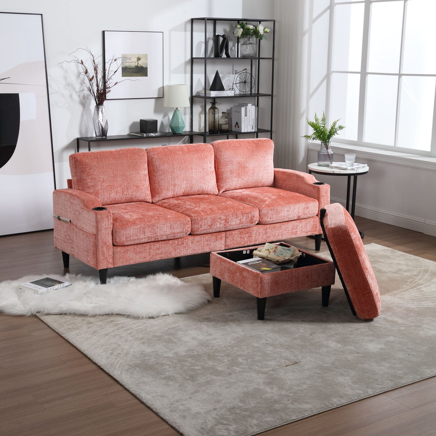 zara storage/ cupholder sectional sofa, pink