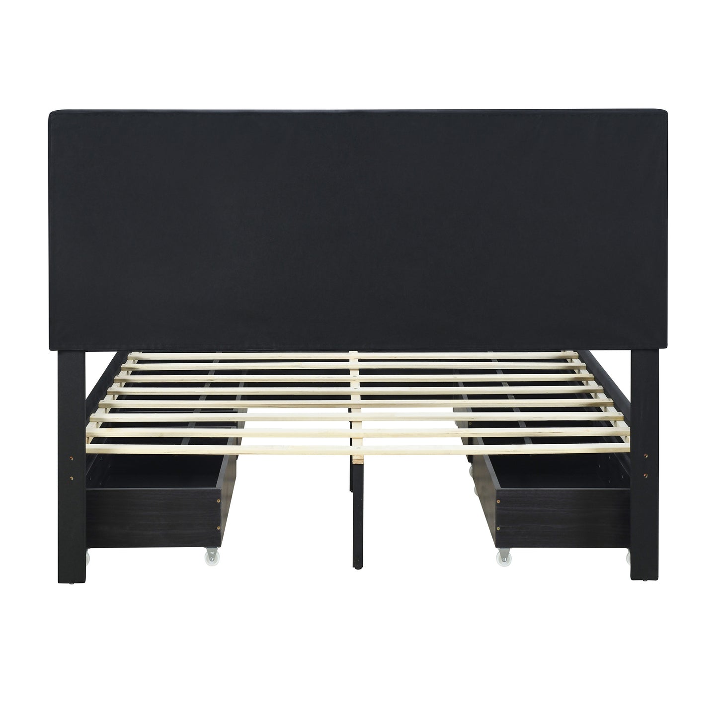 upholstered platform bed with rivet-decorated headboard, led bed frame and 4 drawers, black