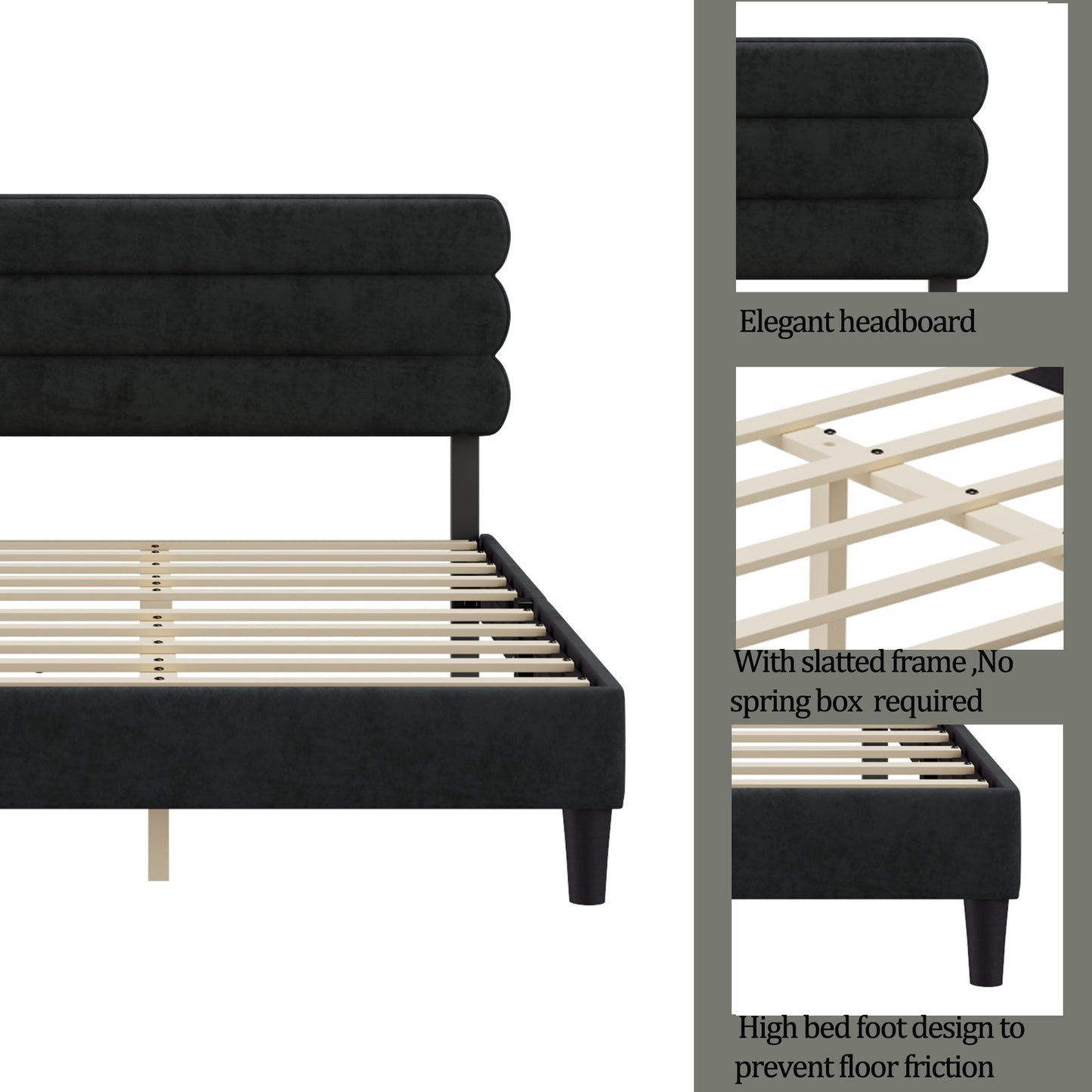 rudy queen bed frame with headboard, dark grey