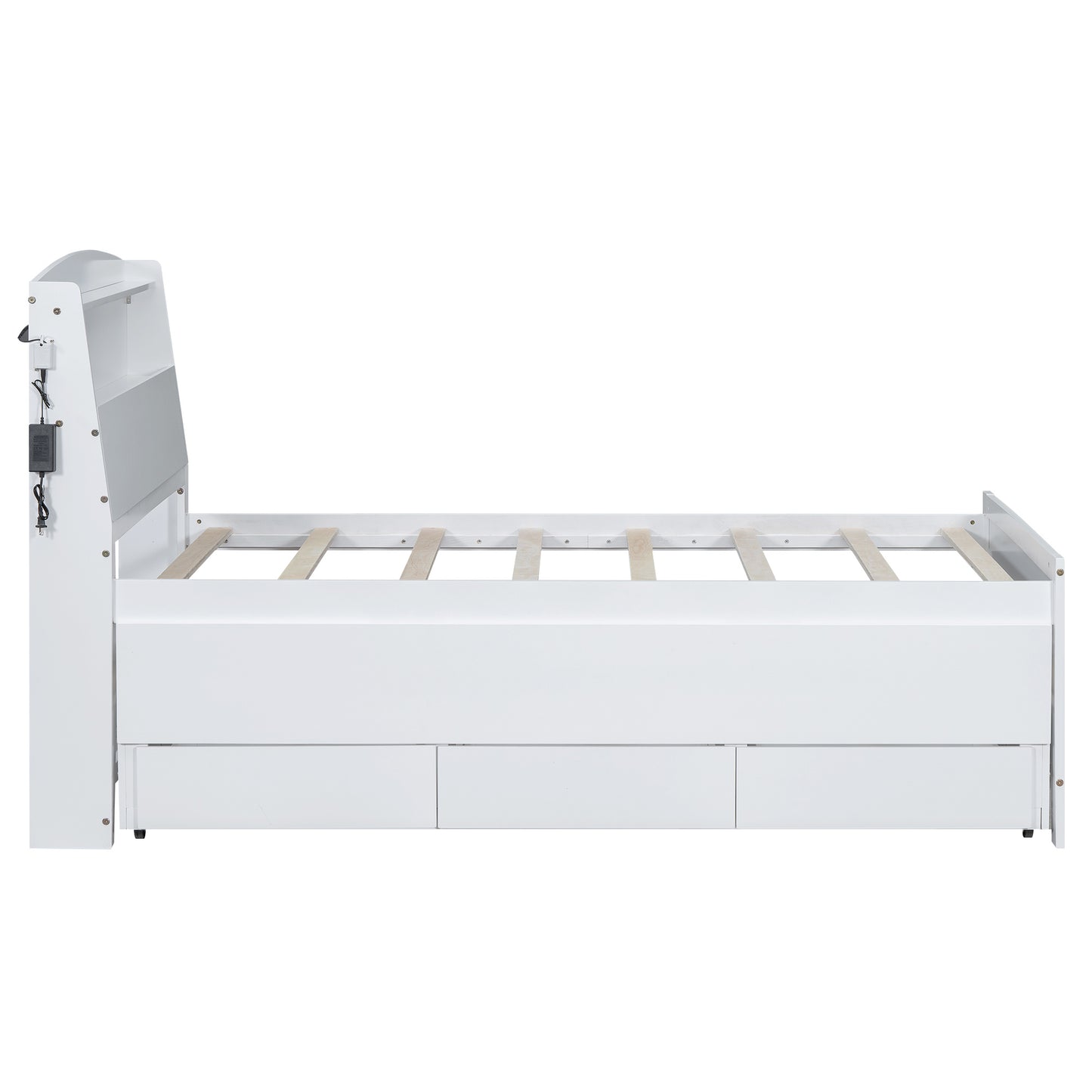 platform bed with storage led headboard, twin size trundle and 3 drawers, white