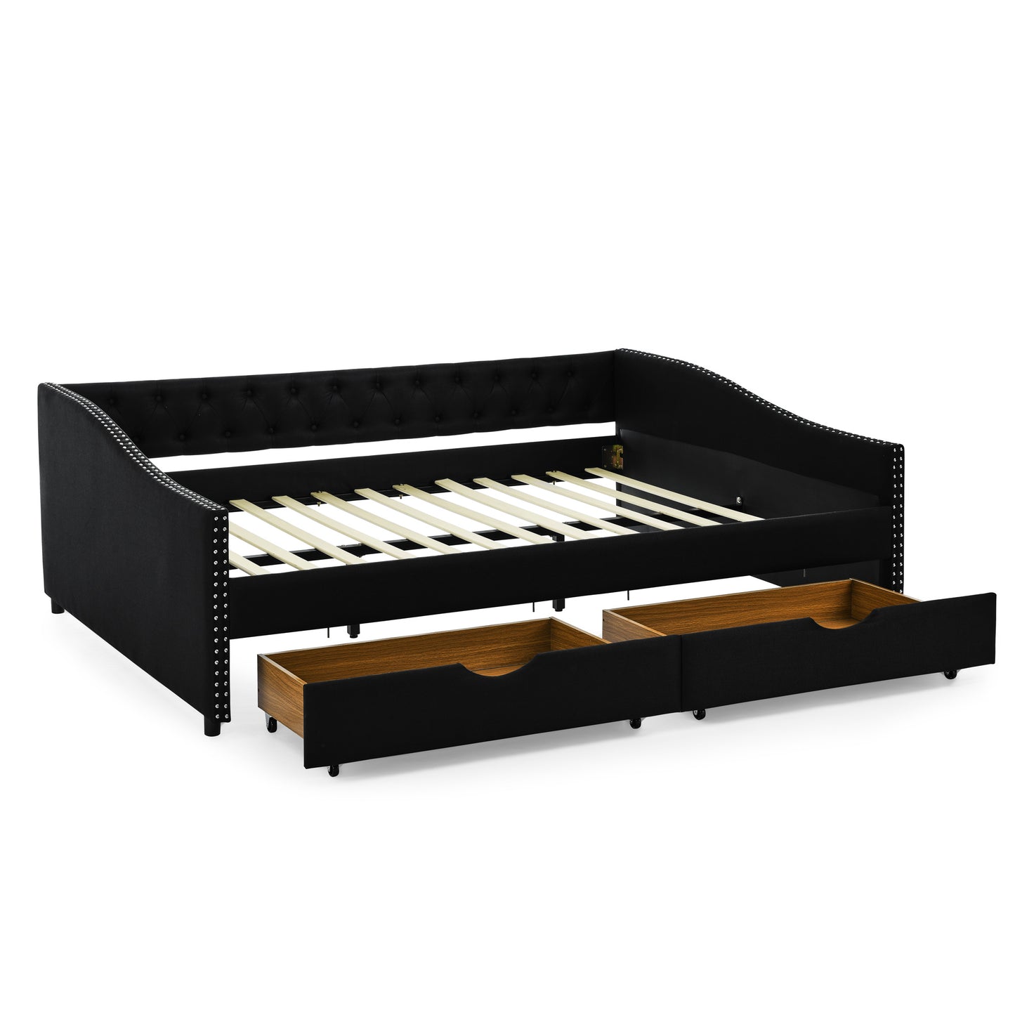 queen size daybed with drawers upholstered tufted sofa bed,,with button on back and copper nail on waved shape arms(84.5"x63.5"x26.5")