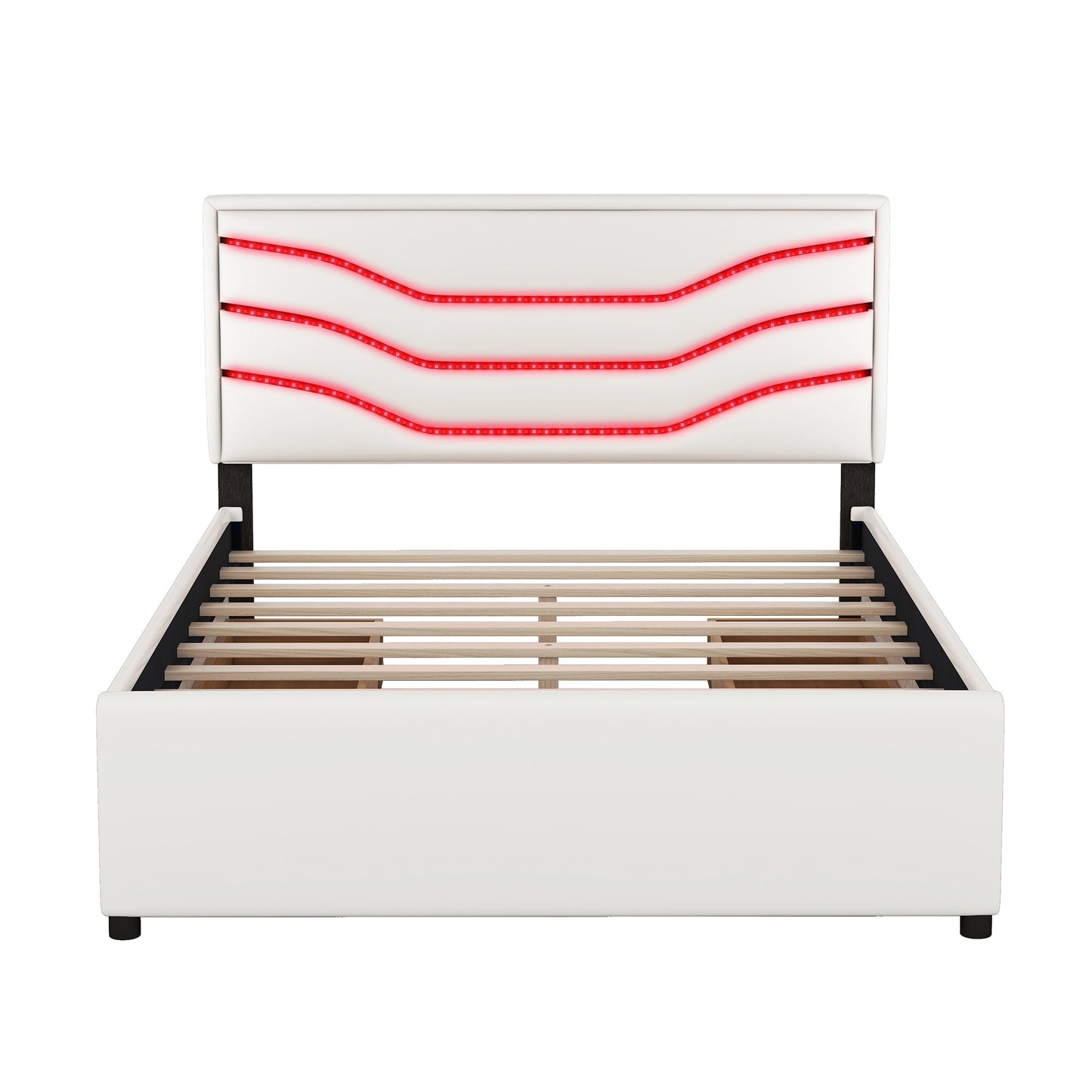 retro upholstered storage platform bed with led, 4 drawers and usb charging, white