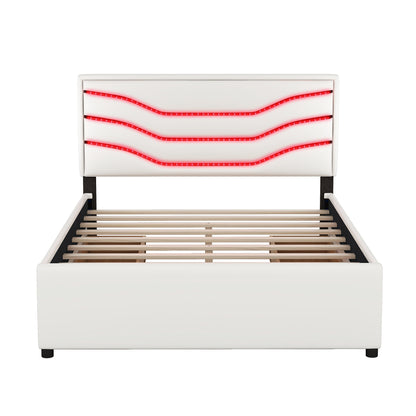 Retro Upholstered Storage Platform Bed with LED, 4 Drawers and USB Charging, White