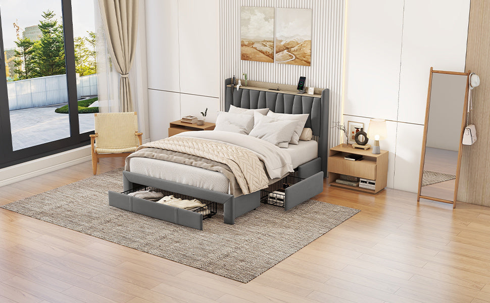 queen size bed frame with storage headboard and charging station,dark gray