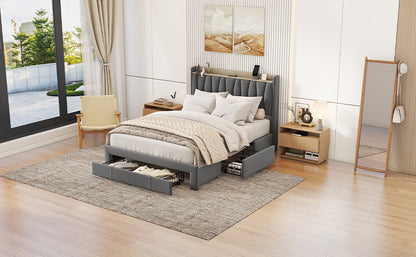 Queen Size Bed Frame with Storage Headboard and Charging Station,Dark Gray