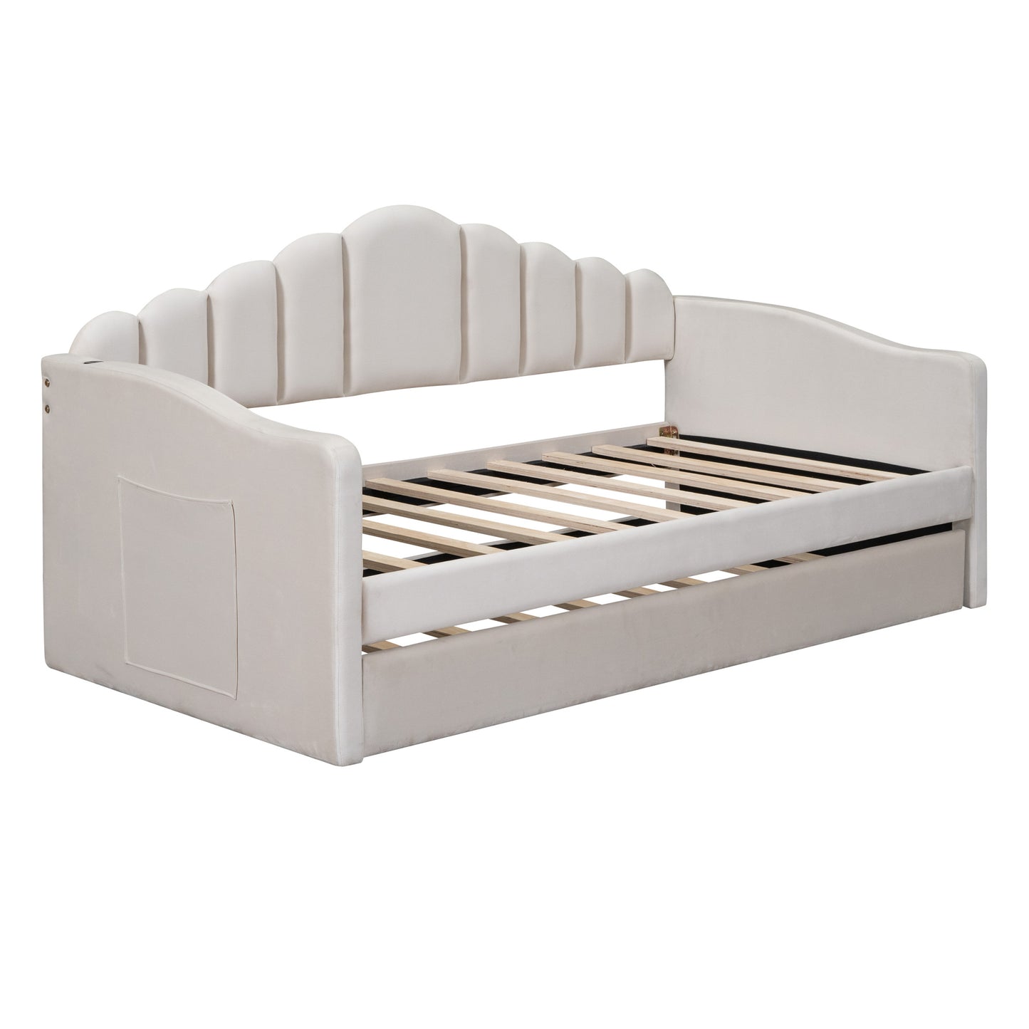 upholstered velvet bed with usb charging ports, beige