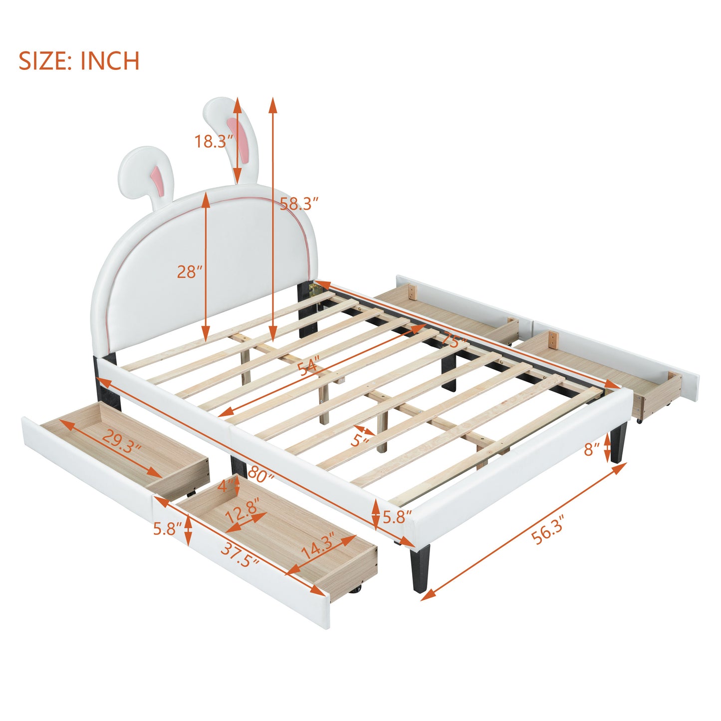 upholstered leather  bed with rabbit ornament and 4 drawers, white