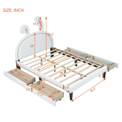 Upholstered Leather  Bed with Rabbit Ornament and 4 Drawers, White