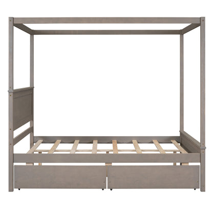 Wood Canopy Bed with two Drawers, Light Brown
