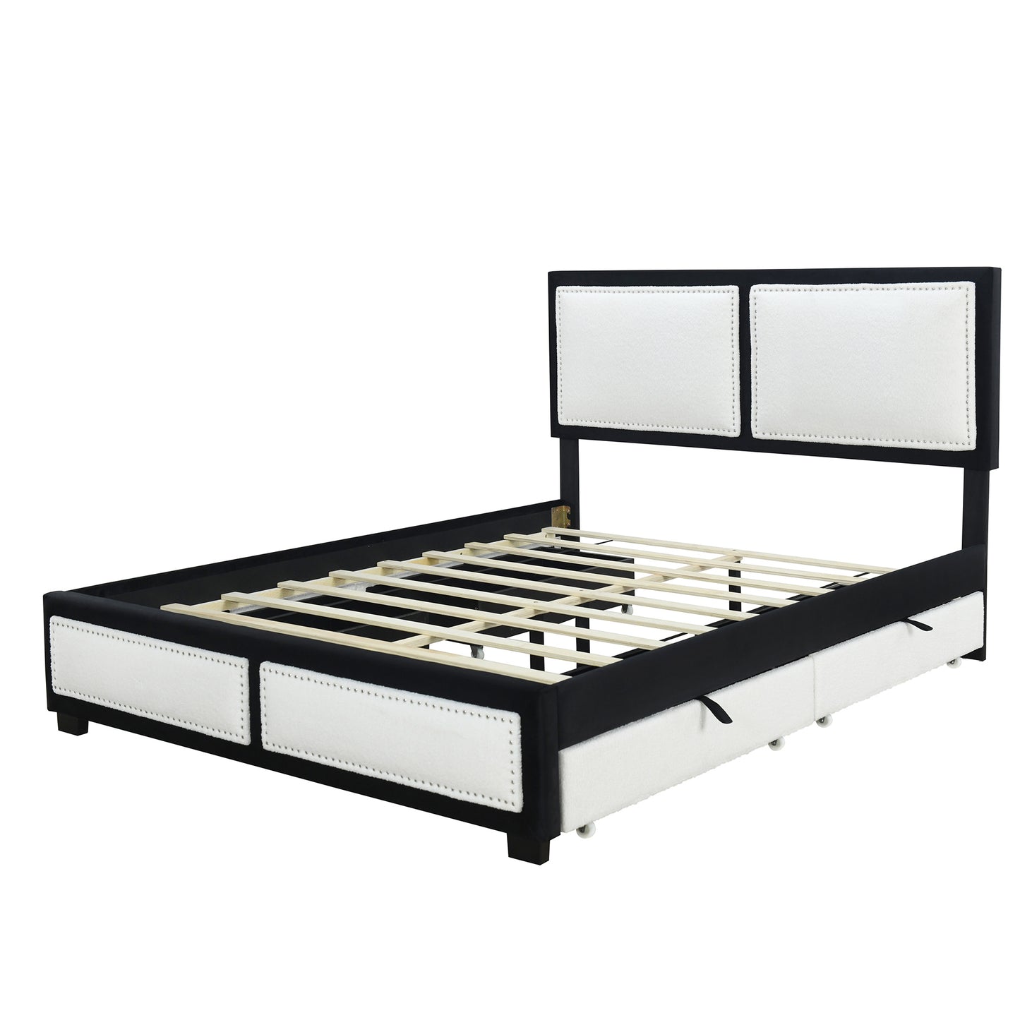 teddy upholstered platform bed with large rivet-decorated backrests and 4 drawers, velvet black+white