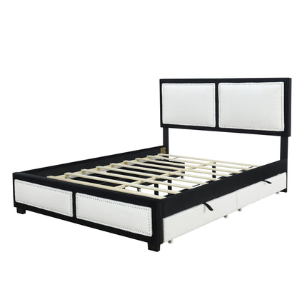 Teddy Upholstered Platform Bed with Large Rivet-decorated Backrests and 4 Drawers, Velvet Black+White