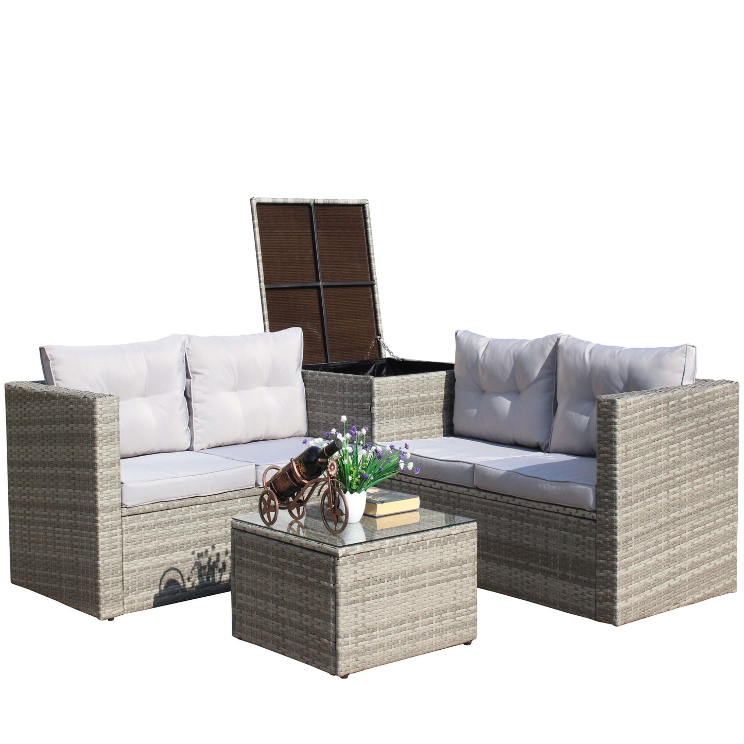 4 piece patio sectional wicker rattan outdoor furniture sofa set with storage box grey