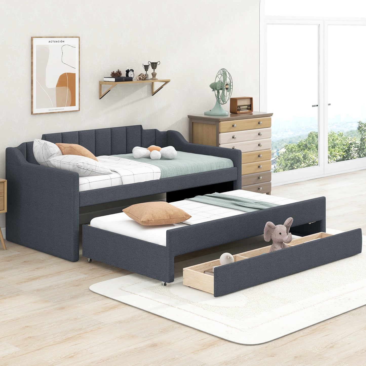 upholstered bed with trundle and three drawers, grey