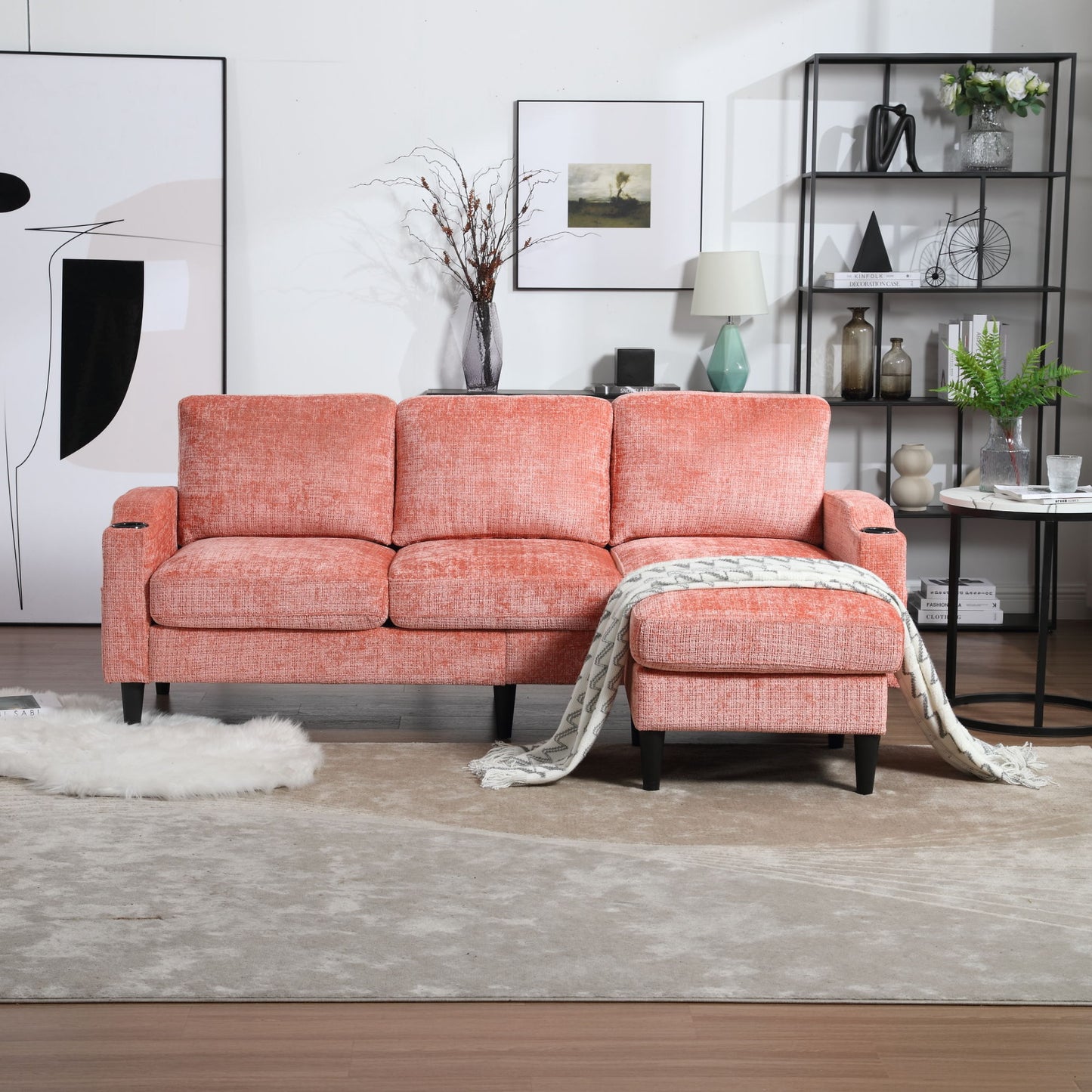 zara storage/ cupholder sectional sofa, pink
