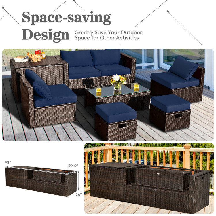 8 pieces patio space-saving rattan furniture set with storage box and waterproof cover