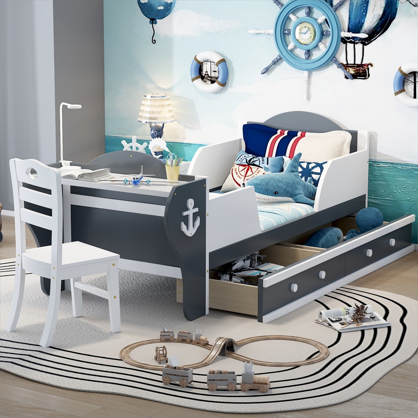 boat-shaped platform bed with two drawers, desk and chair, white+gray