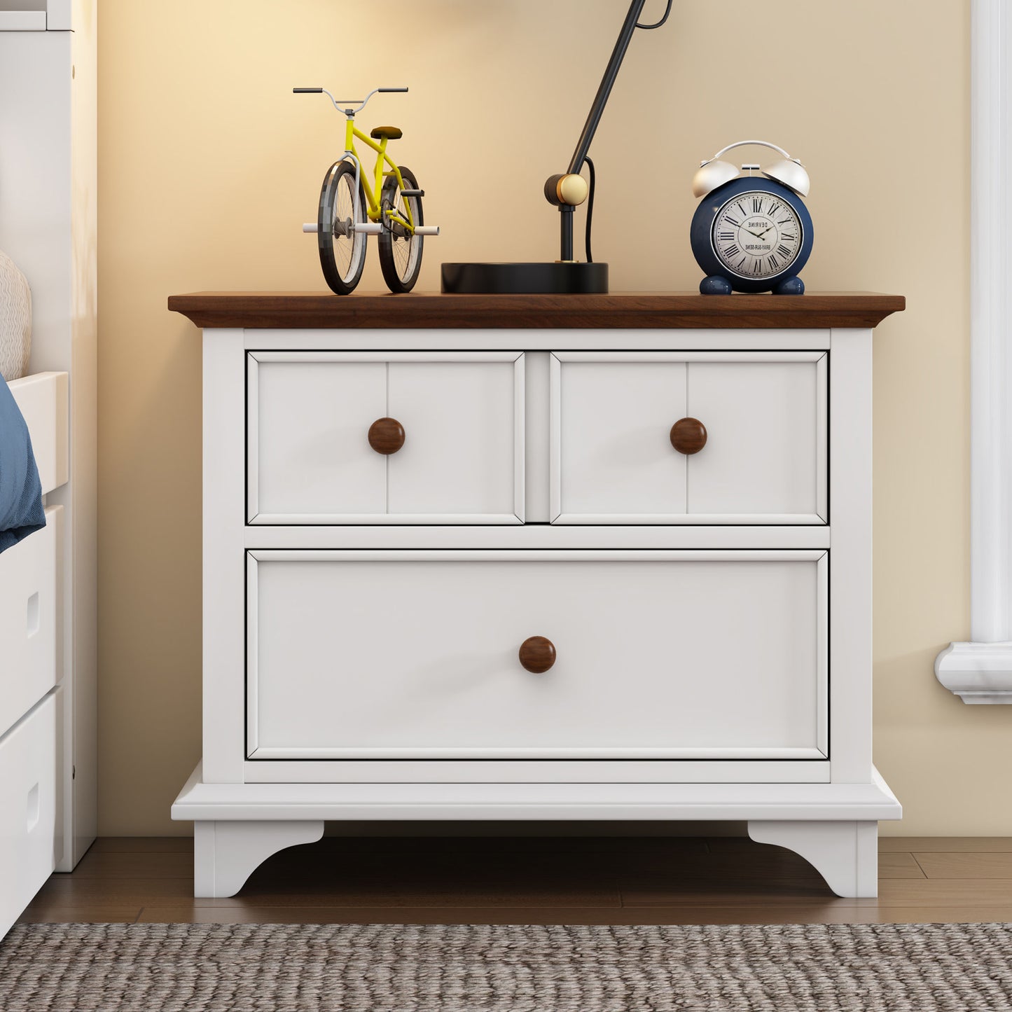 wooden captain bed with trundle and nightstand, white+walnut