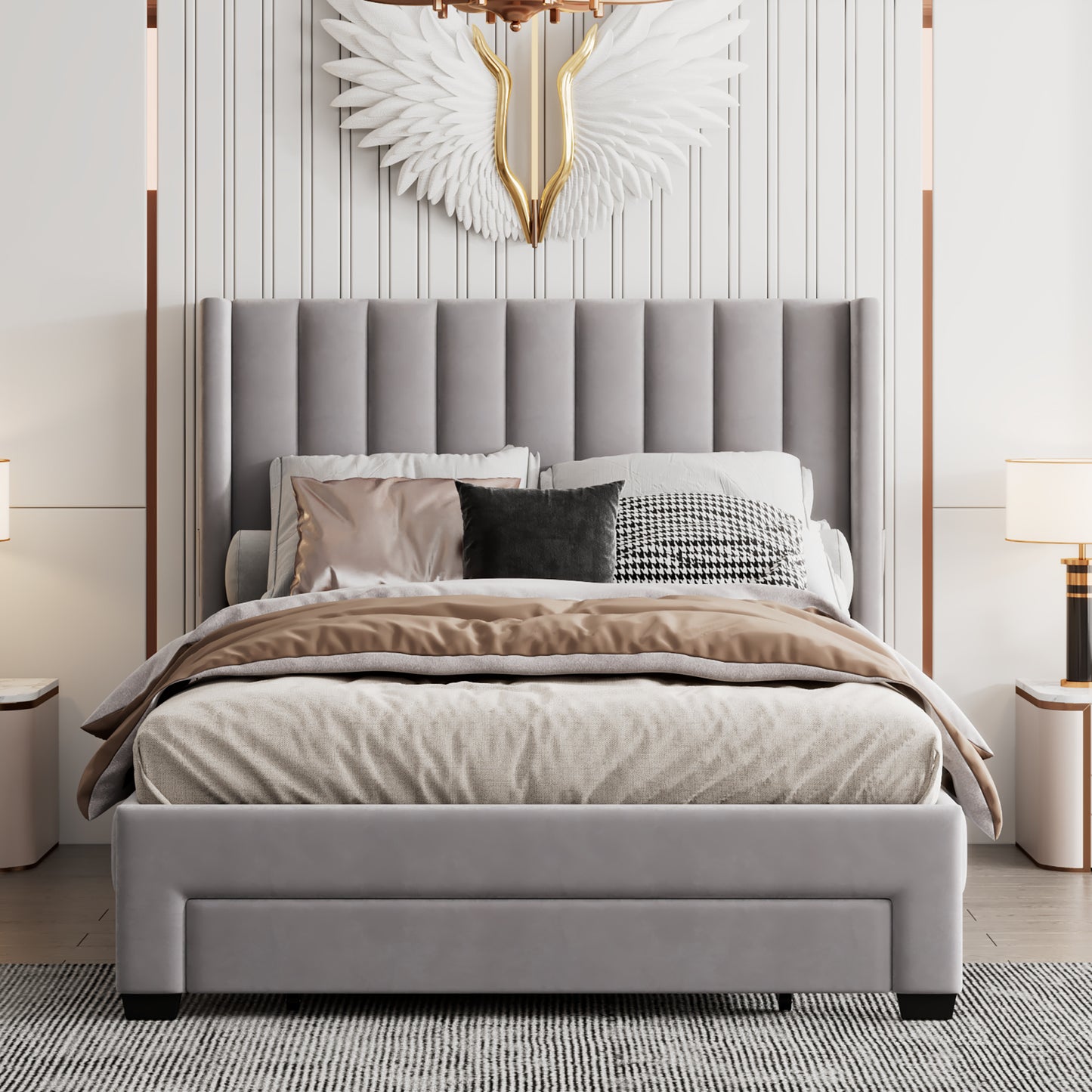 danny velvet upholstered platform bed with a big drawer - gray
