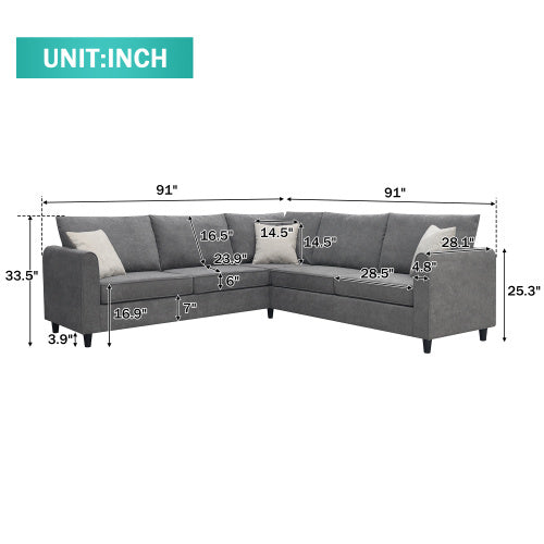 modern l shape couch with 3 pillows
