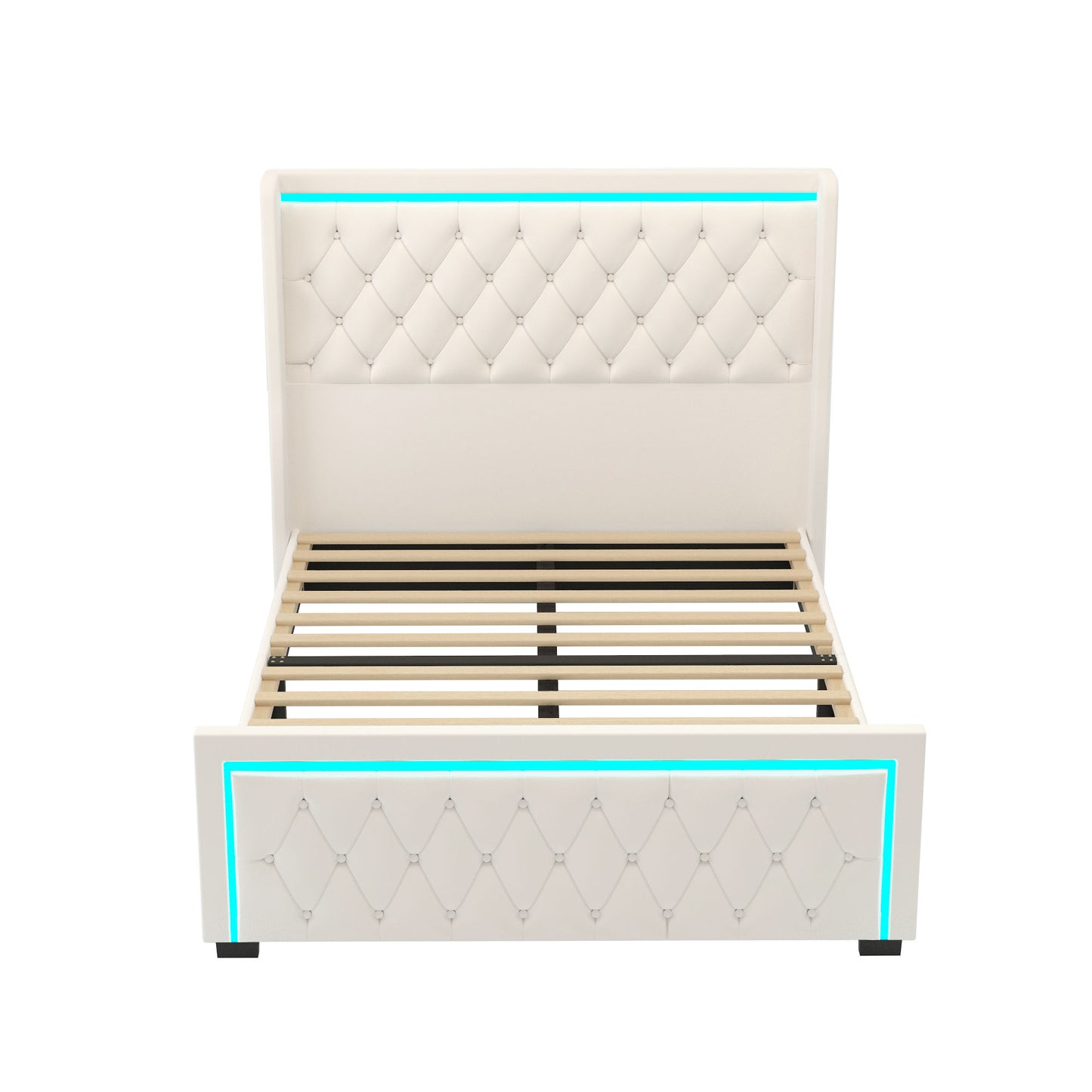 velvet upholstered bed with deep tufted buttons & adjustable colorful led light, beige