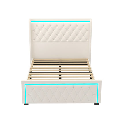 Velvet Upholstered Bed with Deep Tufted Buttons & Adjustable Colorful LED Light, Beige