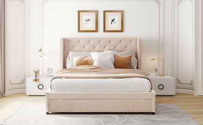 Modern Velvet Upholstered Platform Bed with Wingback Headboard and a Big Drawer