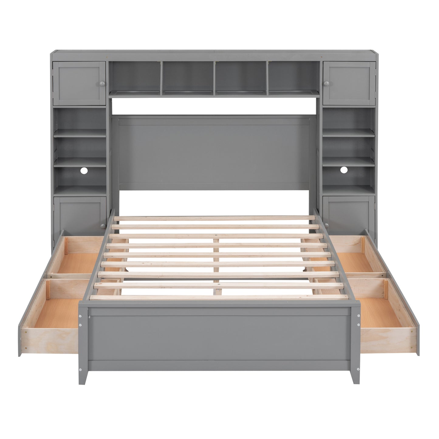 wooden bed with all-in-one cabinet and shelf
