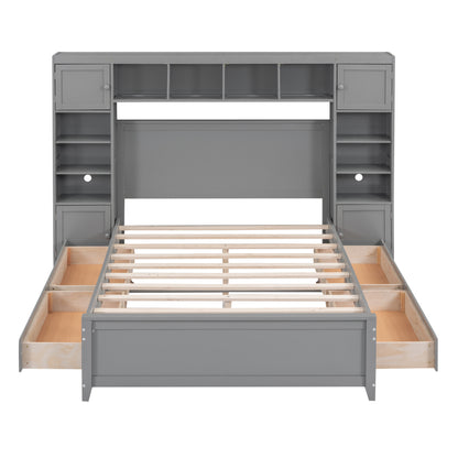 Wooden Bed With All-in-One Cabinet and Shelf