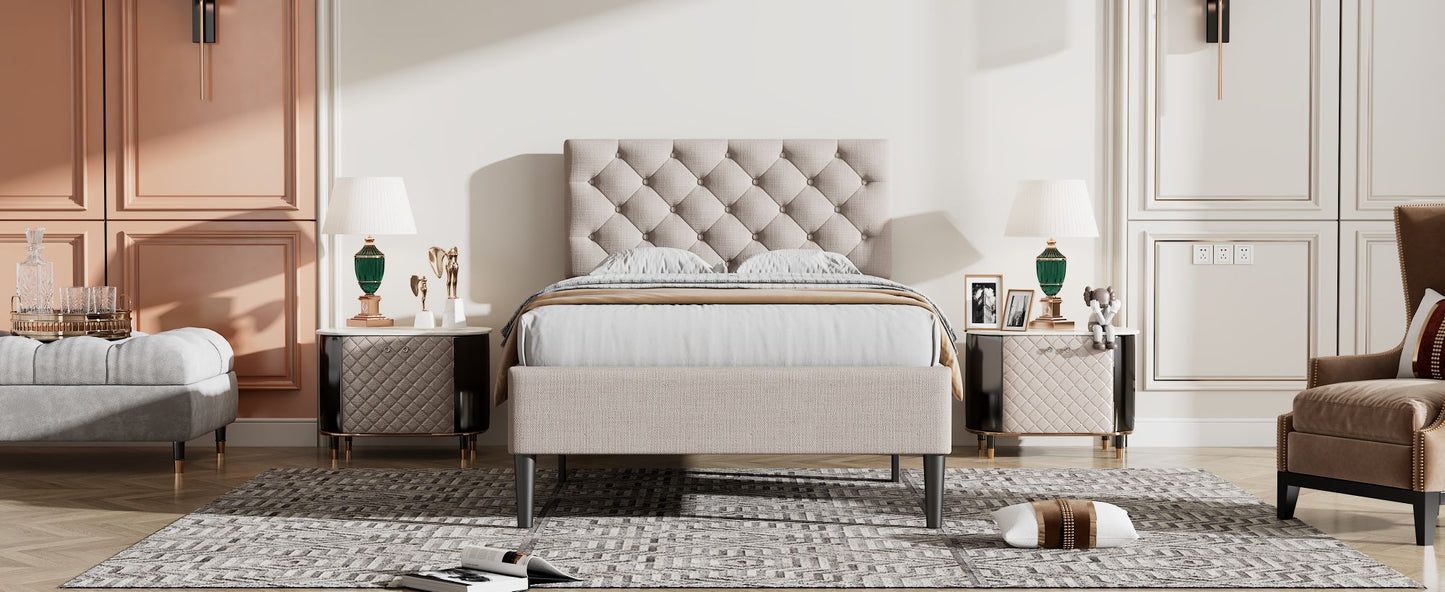 upholstered linen platform bed, beige