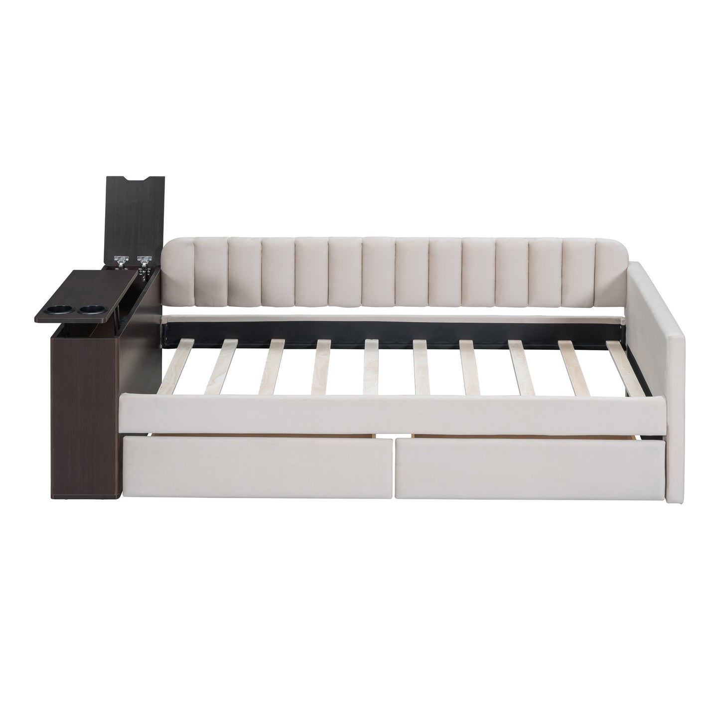 upholstered multi-functional daybed with cup holder and a set of usb ports and sockets, beige