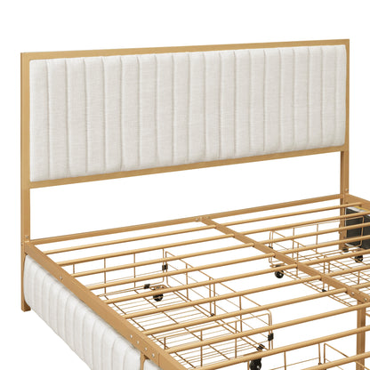 Queen Size Metal Frame Upholstered Bed with 4 Drawers, Linen Fabric, Beige