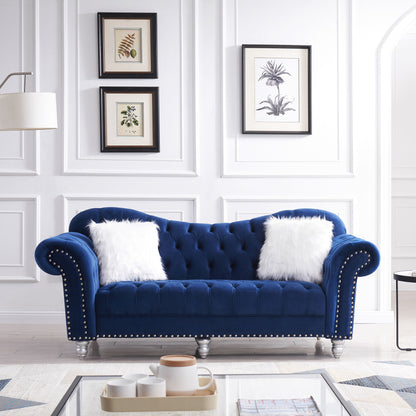 3 Piece Sofa Set with Five White Villose Pillow, Blue