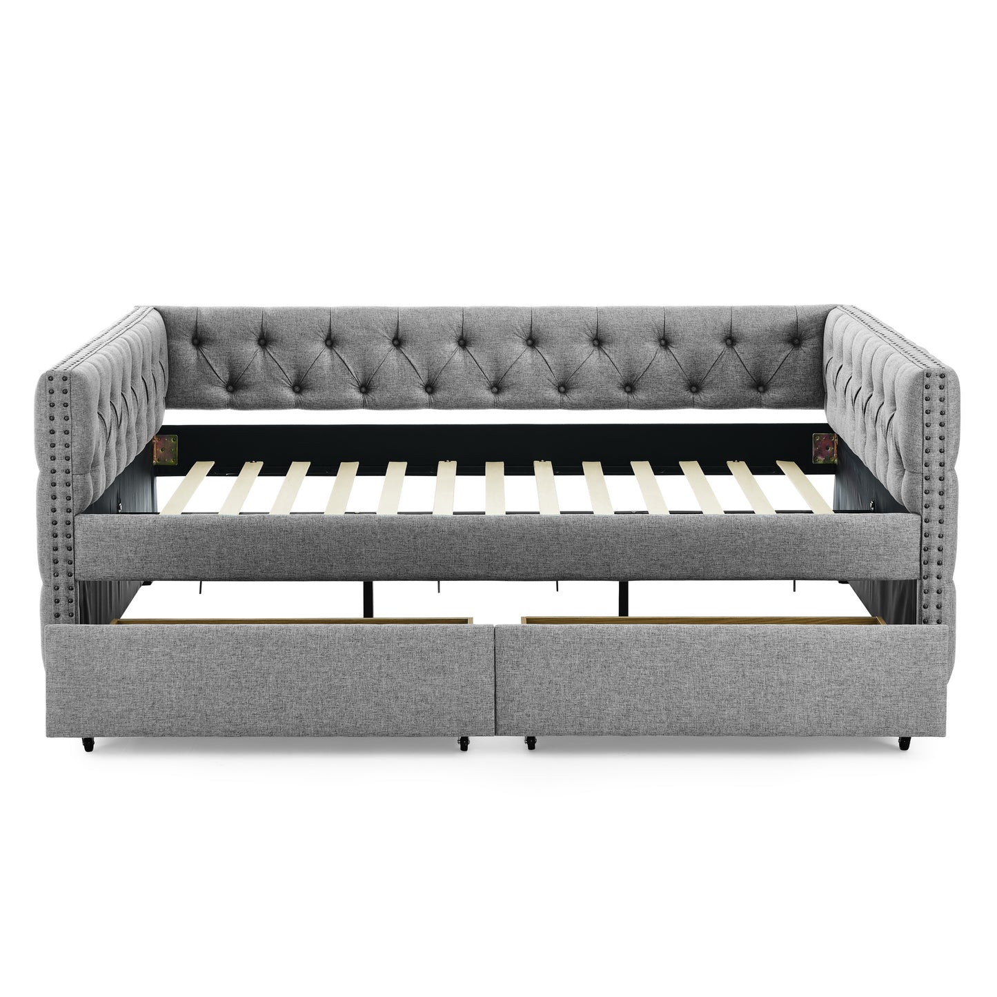 upholstered full size bed with two drawers, grey