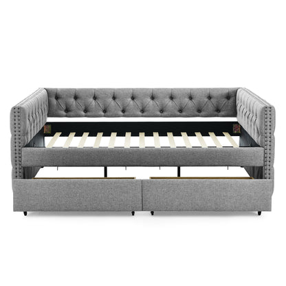 Upholstered Full Size Bed with Two Drawers, Grey