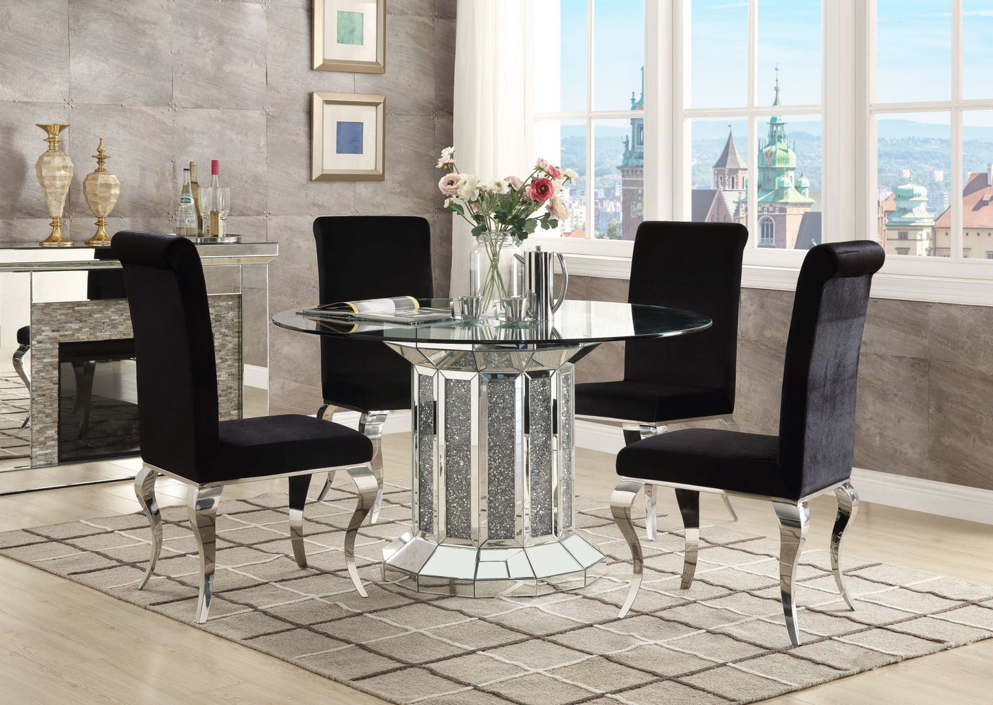 acme noralie dining table, mirrored & faux diamonds