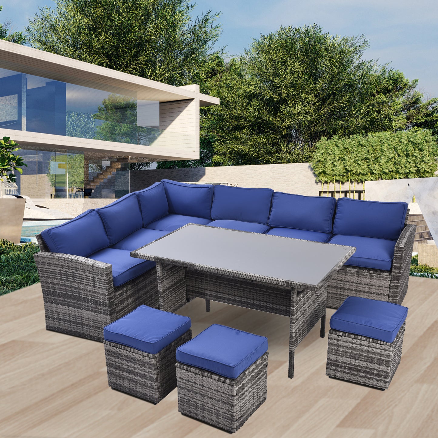 7 pieces outdoor sectional conversation sofa with dining table, chairs and ottomans, grey+blue