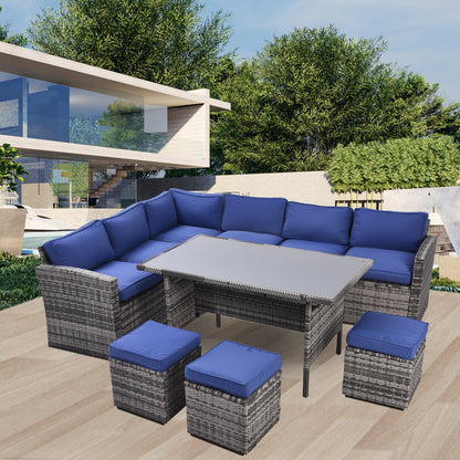 7 Pieces Outdoor Sectional Conversation Sofa with Dining Table, Chairs and Ottomans, Grey+Blue