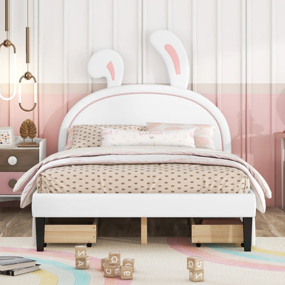 Upholstered Leather  Bed with Rabbit Ornament and 4 Drawers, White