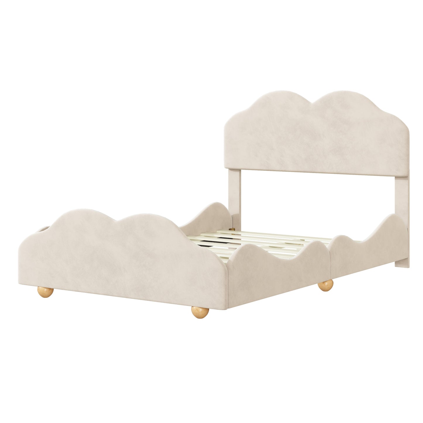 upholstered bed with cloud shaped bed board, beige