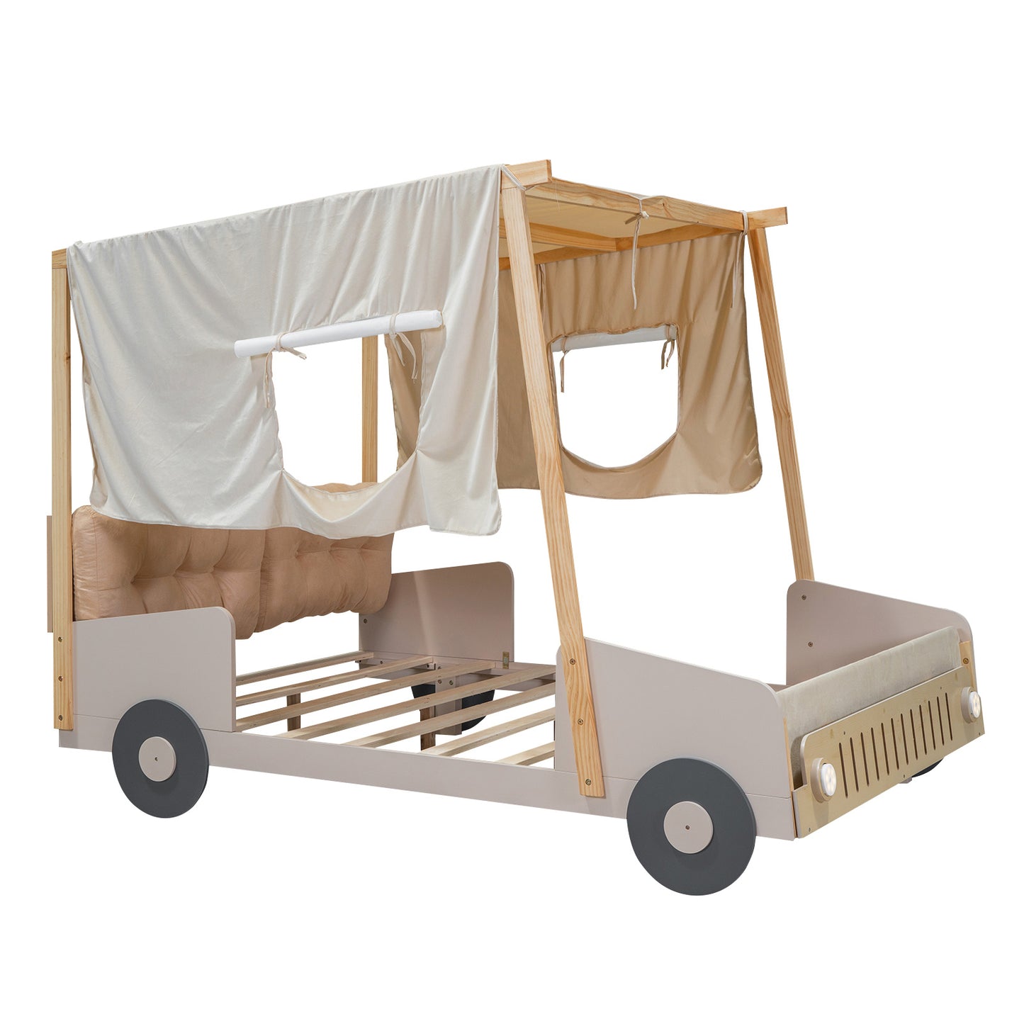 wooded car bed with pillow, ceiling cloth and led lights