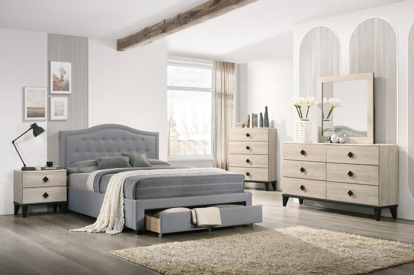 burlap with drawer button tufted arch design headboard +storage, light grey
